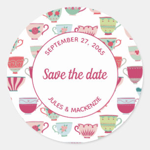 Sticker Rond Tasses à thé Vintage moderne Enregistrer la date