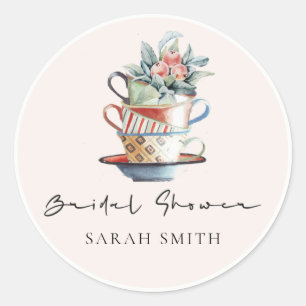 Sticker Rond Tasses empilées Blush Fleurs Mariage Tea Party