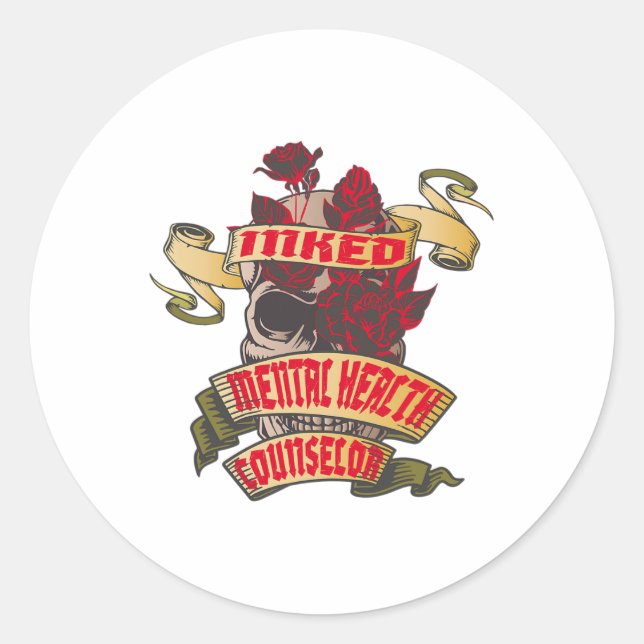 Sticker Rond Tatouage Au Crâne Enteint Et Aux Roses Rouges (Devant)