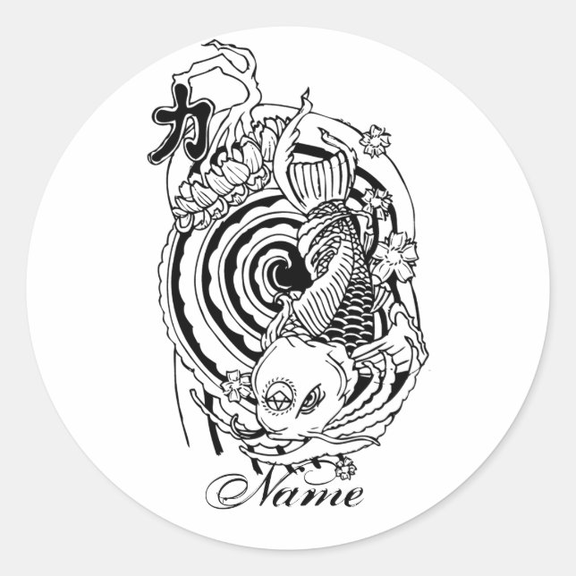 Sticker Rond tatouage cool oriental noir blanc koi poisson (Devant)
