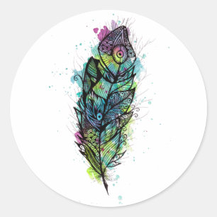 Sticker Rond Tatouage de plume d'aquarelle