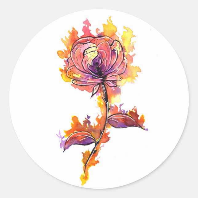 Sticker Rond Tatouage de rose en feu (Devant)