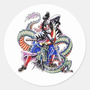Sticker Rond Tatouage japonais frais de dragon de combat de