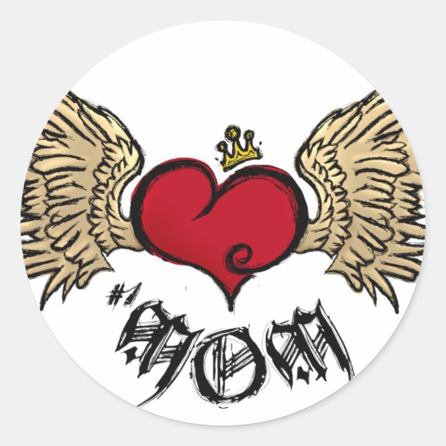 Sticker Rond Tatouage Maman Couronné Coeur avec ailes (Devant)