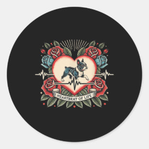 Sticker Rond Tatouage Rétro De Bulldog Français Avec Rose