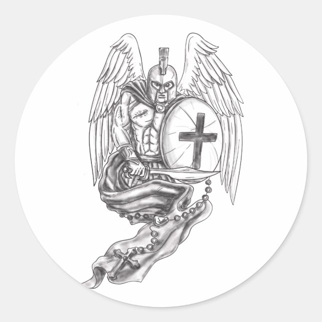 Sticker Rond Tatouage Rosaire Sparte Guerrier Angel Bouclier (Devant)