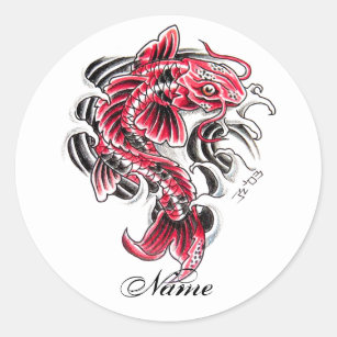 Sticker Rond Tatouage rouge japonais oriental frais de poissons