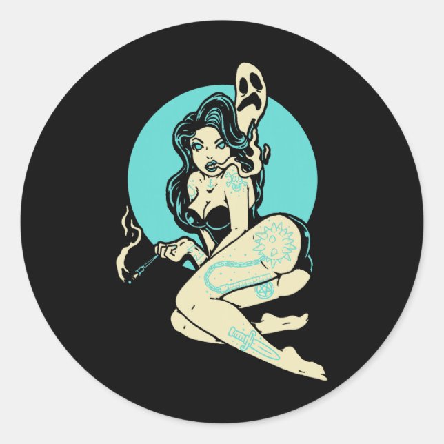 Sticker Rond Tatoué Goth Pin-up Girl Horror Ghost Moon Rockab (Devant)