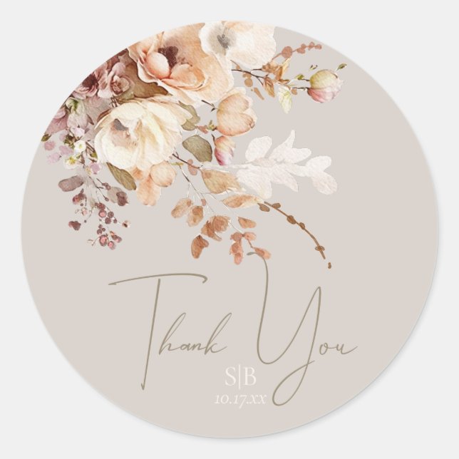 Sticker Rond Taupe botanique Floral Monogramme Merci Favoriser (Devant)