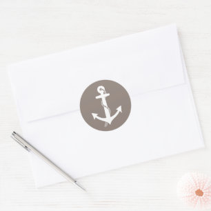 Sticker Rond Taupe Tan et Blanc Anchor Classic Nautical