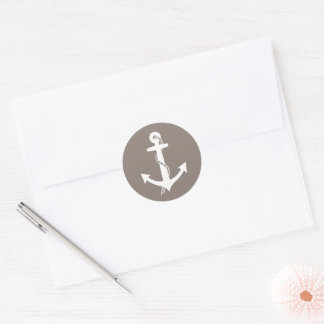 Sticker Rond Taupe Tan et Blanc Anchor Classic Nautical