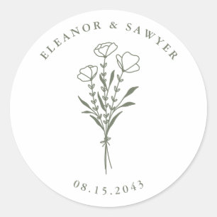 Sticker Rond Taupe vert minimaliste Mariage de bouquet floral