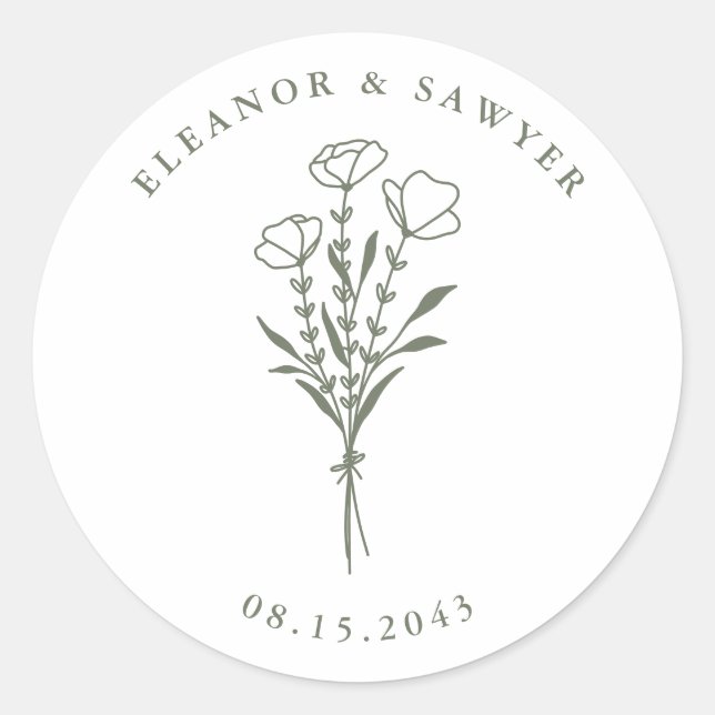 Sticker Rond Taupe vert minimaliste Mariage de bouquet floral (Devant)