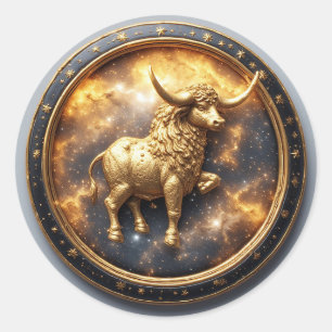 Sticker Rond Taureau doré en or dans une roue zodiacale circula
