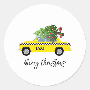 Sticker Rond Taxi jaune Cabine Joyeux arbre de Noël Fun Fun