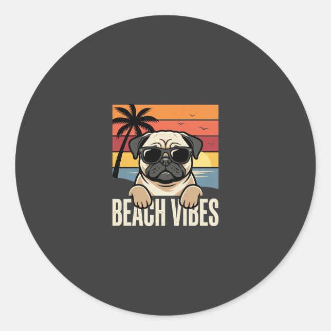 Sticker Rond Tchiens de Pug ambiance de plage Coucher de soleil (Devant)