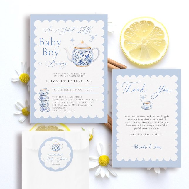 Sticker Rond Tea Brewing Blue Script Elegant Boy Baby Shower (boy baby shower stationery decor tea brewing theme blue watercolor elegant modern stylish classy)