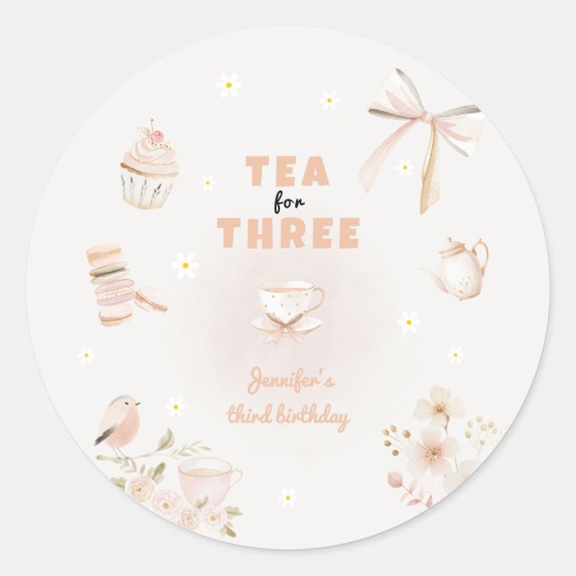 Sticker Rond Tea for Three Birthday Invitation for Girls (Devant)