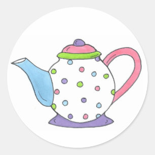 Sticker Rond Tea Lover Polka Dot Pastel Teapot Pot Imprimer