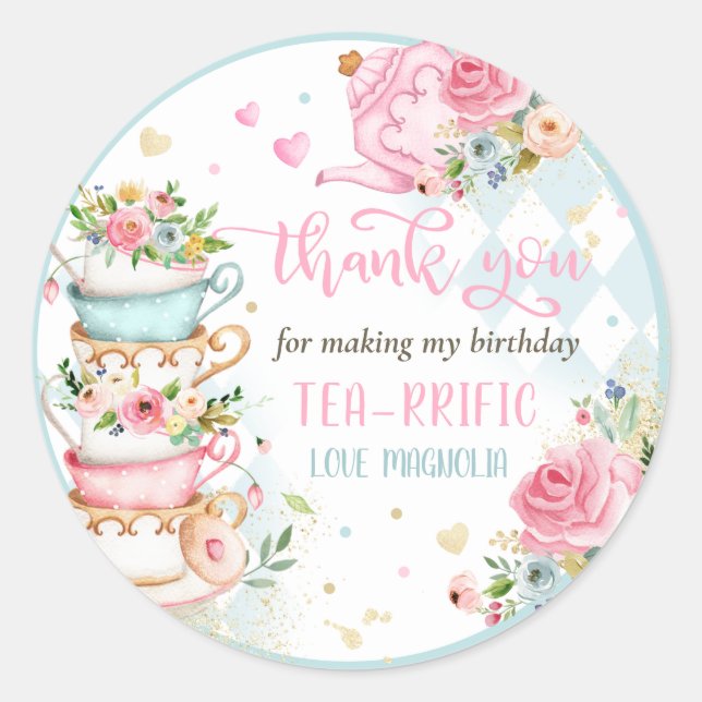 Sticker Rond Tea Party Anniversaire Fille Rose & Or Floral Par  (Devant)