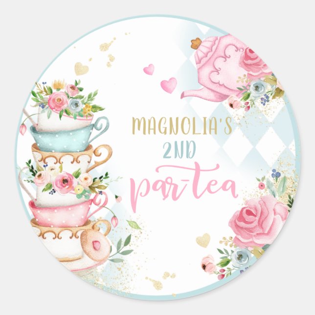 Sticker Rond Tea Party Anniversaire Fille Rose & Or Floral Par  (Devant)