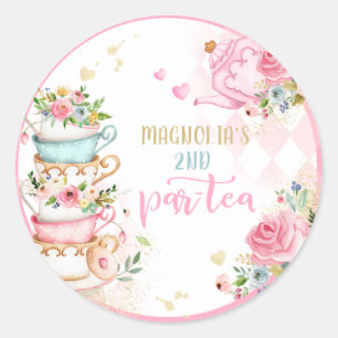 Sticker Rond Tea Party Anniversaire Fille Rose & Or Floral Par