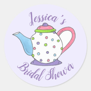 Sticker Rond Tea Party baby shower Pastel Polka Dot Teapot