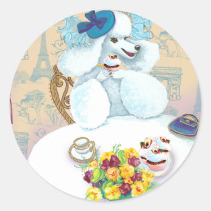 Sticker Rond Tea Party de caniche blanc