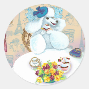 Sticker Rond Tea Party de caniche blanc avec petits gâteaux