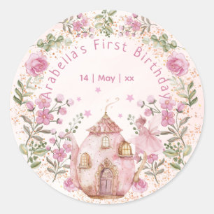 Sticker Rond Tea Party Fairy Girl Blush Rose Flowers Anniversai