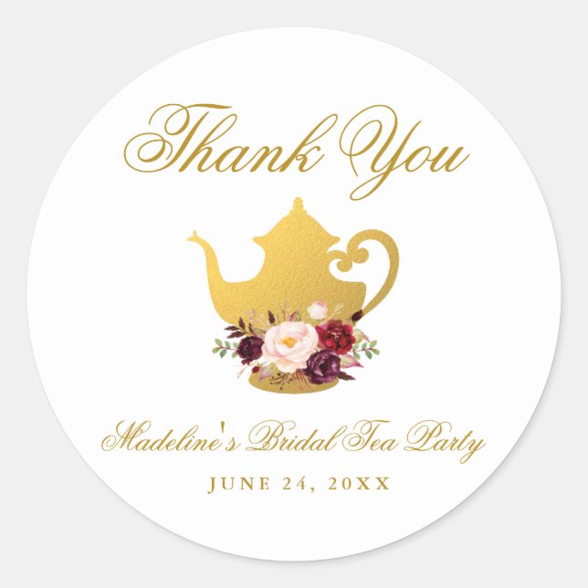 Sticker Rond Tea Party Fête des mariées Bourgogne Floral Merci (Devant)