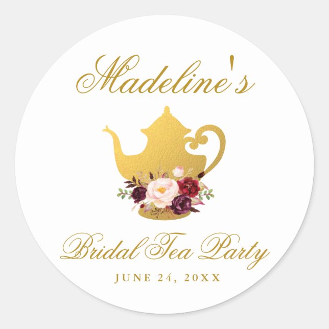 Sticker Rond Tea Party Fête des mariées Bourgogne Floral Petit (Devant)
