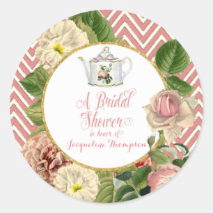 Sticker Rond Tea Party Fête des mariées Chevron Stripes Rose