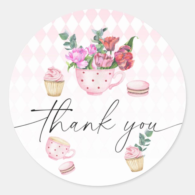 Sticker Rond Tea Party Flowers baby shower merci (Devant)