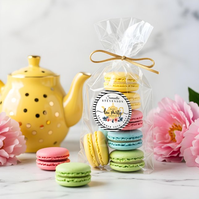 Sticker Rond Tea Party Jaune Floral Teapot Baby shower (Yellow Floral Tea Party Teapot Stripe Baby Shower Classic Round Sticker)