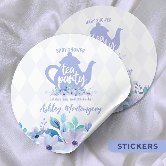 Sticker Rond Tea Party Purple Aquarelle Baby shower (Créateur téléchargé)