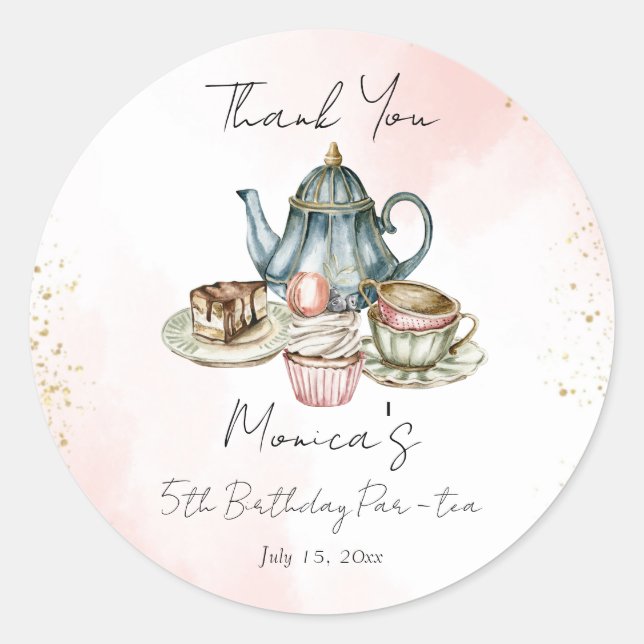 Sticker Rond Tea party rose bleu anniversaire merci cadeau (Devant)