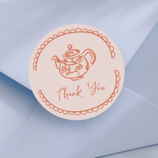 Sticker Rond Tea Pot Doodle Merci Favoriser (cute tea pot doodle thank you sticker in peach)