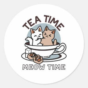 Sticker Rond Tea Time Meow Time - Cute Cat and Tea Design