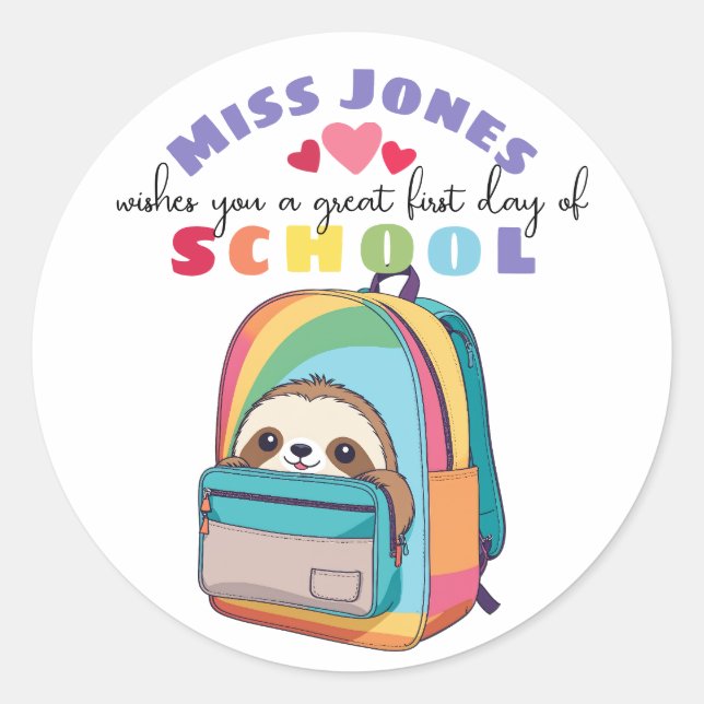Sticker Rond teacher first day of term class welcome sloth (Devant)