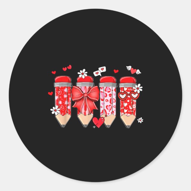 Sticker Rond Teacher Valentine Coquette Bow Pencil Teacher Vale (Devant)