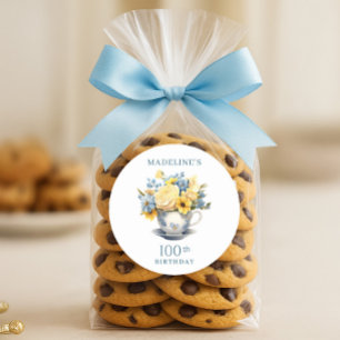 Sticker Rond Teacup Fleurs Bleues Jaunes 100e anniversaire