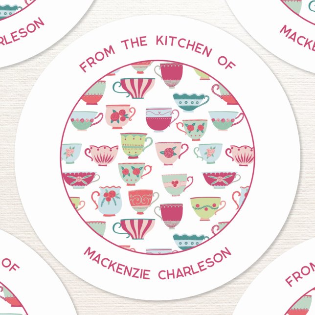 Sticker Rond Teacup Modern Business (Vintatge teacups pattern custom text From the Kitchen of personalized small business stickers)