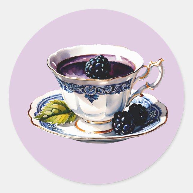 Sticker Rond Teacup Pastel Elegance Blackberry & Blooms (Devant)