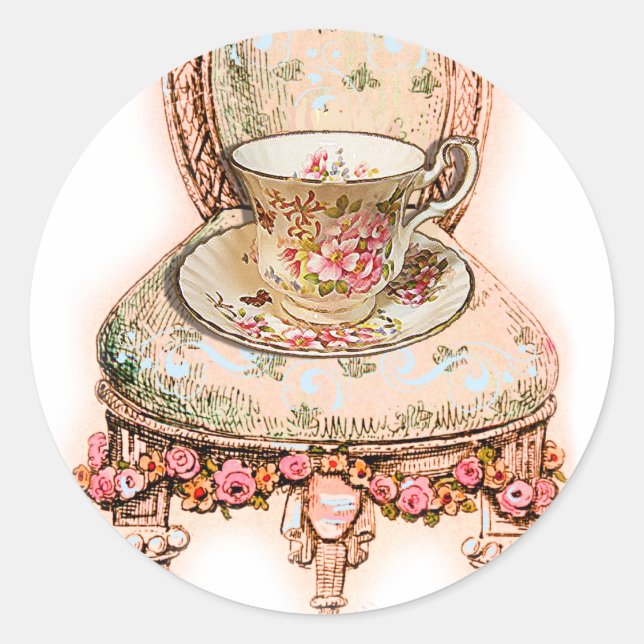 Sticker Rond Teacup Rose antique et fauteuil victorien (Devant)
