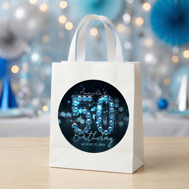 Sticker Rond Teal Blue Diamonds & Black Glamorous 50th Birthday (Créateur téléchargé)