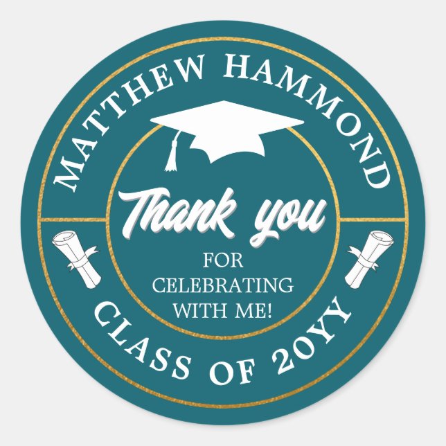 Sticker Rond Teal Blue Graduating Class Thank You Grad Cap (Devant)