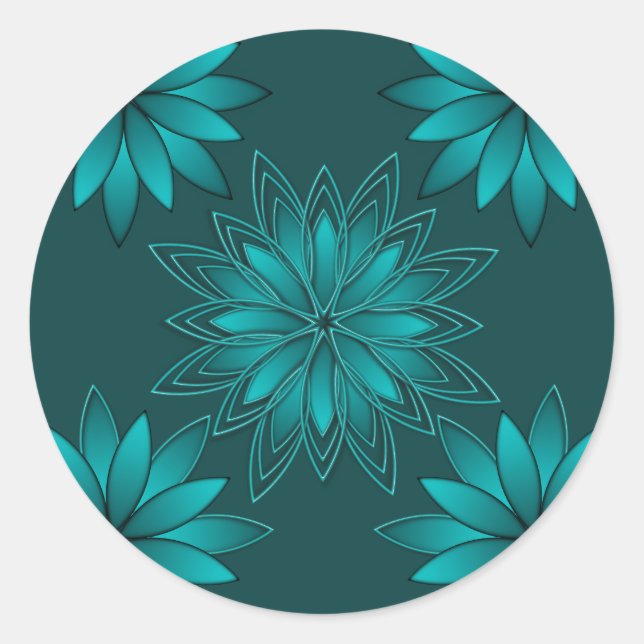 Sticker Rond Teal Leaf Mandala Design on Dark Cyan (Devant)