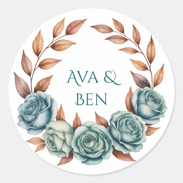 Sticker Rond Teal Roses and Copper Leaves Wedding (Devant)