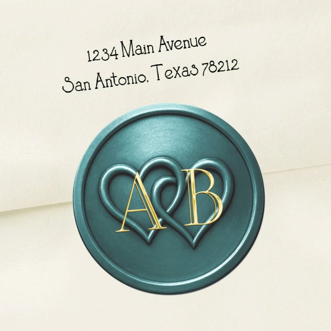 Sticker Rond Teal Two Hearts Intertwined Monogram Wedding (Créateur téléchargé)